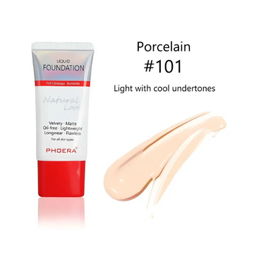 Porcelain 101 matte silky tube liquid foundation in a sleek white and red tube with iridescent silver accents for all skin types