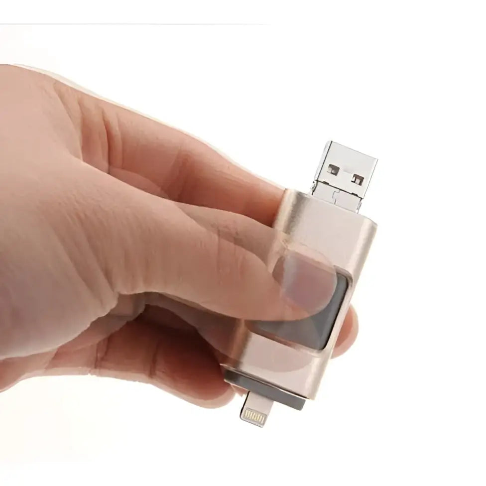 Silver porta memory 32gb flash drive with dual-port usb a and lightning connectors for android devices and data transfer