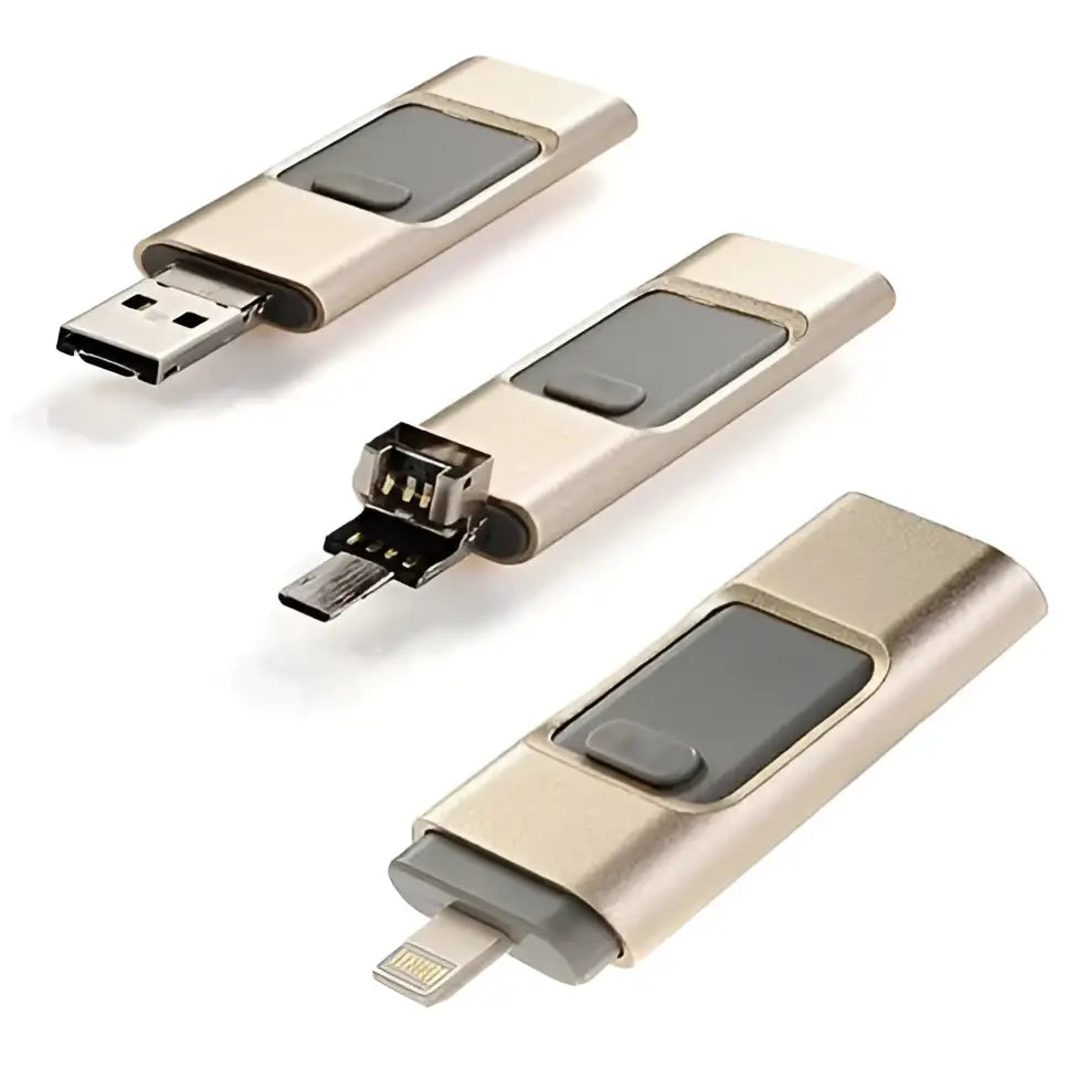 Gold-colored porta memory 32gb flash drive with metallic finish and interchangeable connectors for android devices