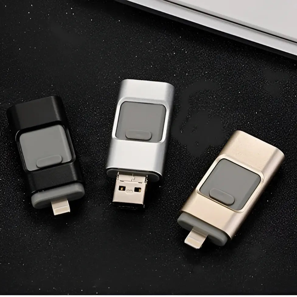 Gold-colored porta memory 32gb flash drive with metallic finish and interchangeable connectors for android devices