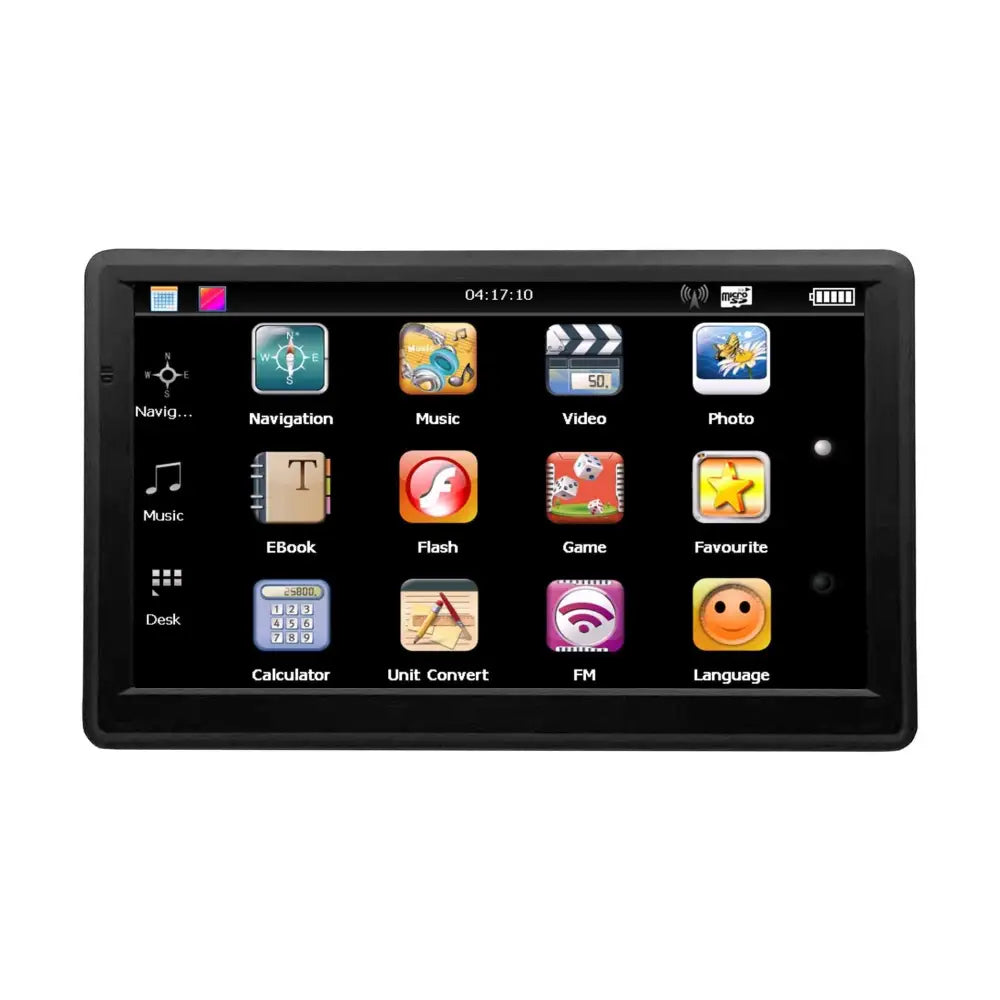 Black rectangular portable 7-inch on-board gps navigator mounted on car wagon dashboard with suction cup base