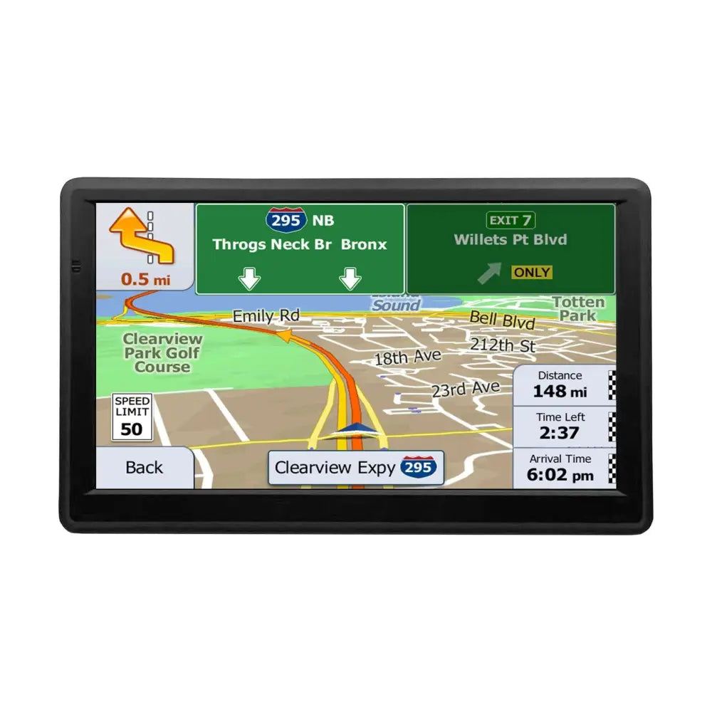 Black rectangular portable 7-inch on-board gps navigator for car wagon displaying map route guidance and traffic info