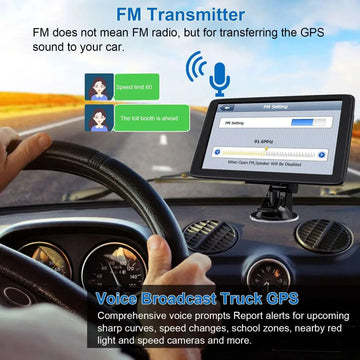 Black rectangular portable 7-inch on-board gps navigator mounted on car wagon dashboard with suction cup base