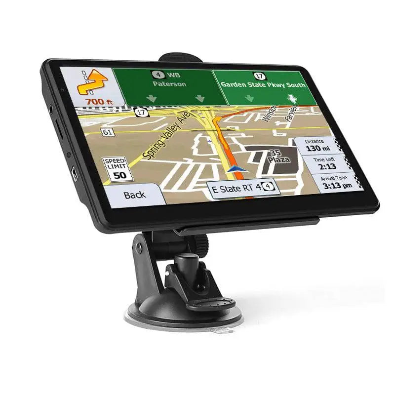 Black rectangular portable 7-inch on-board gps navigator for car wagon with touchscreen showing real-time route guidance