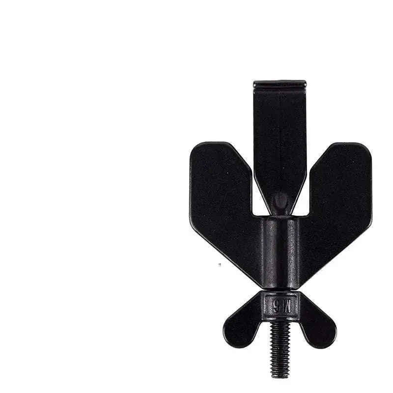 Portable black plastic winged door lock stopper featuring a black metal wing-shaped clamp with threaded screw bottom