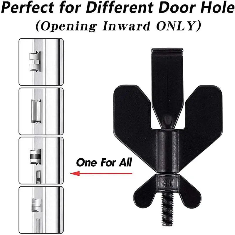 Portable black plastic door lock stopper with winged clamping arms and threaded screw base for secure installation