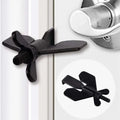 Portable black plastic winged door lock stopper with threaded screw and flat angled wings for secure door locking