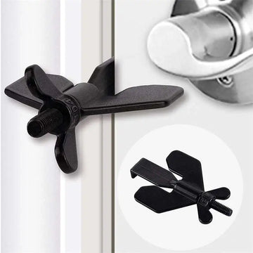 Portable black plastic winged door lock stopper with threaded screw and flat angled wings for secure door locking