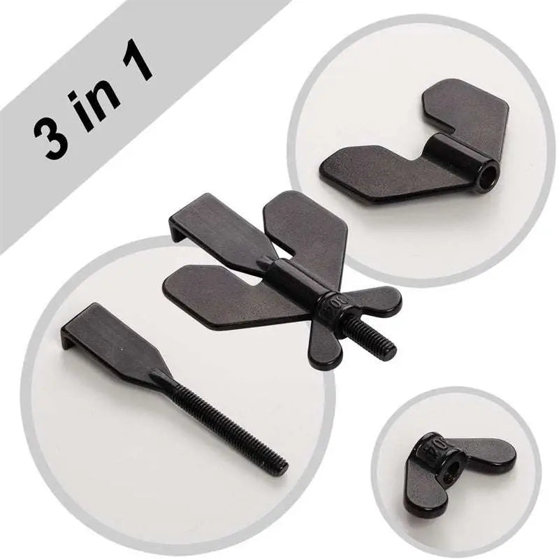 Portable black plastic winged door lock stopper featuring a 3-in-1 wing nut assembly with threaded shaft and flanged wings