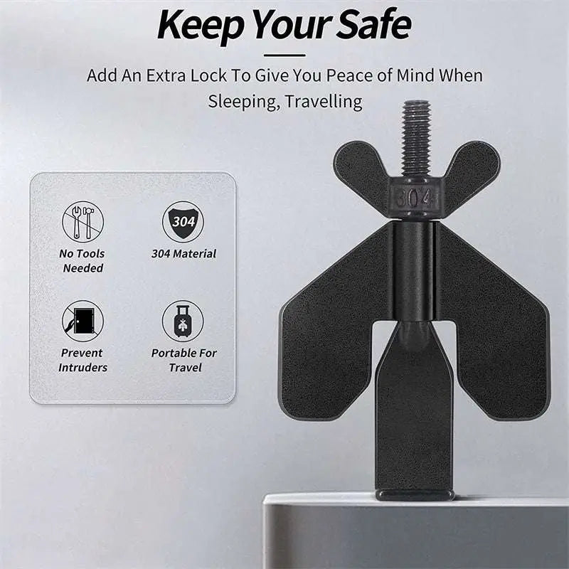 Portable black plastic winged door lock stopper with 304 stainless steel threaded bolt for secure locking