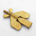 Golden brass winged door lock stopper with threaded shaft and flat angular wings for portable door lock use