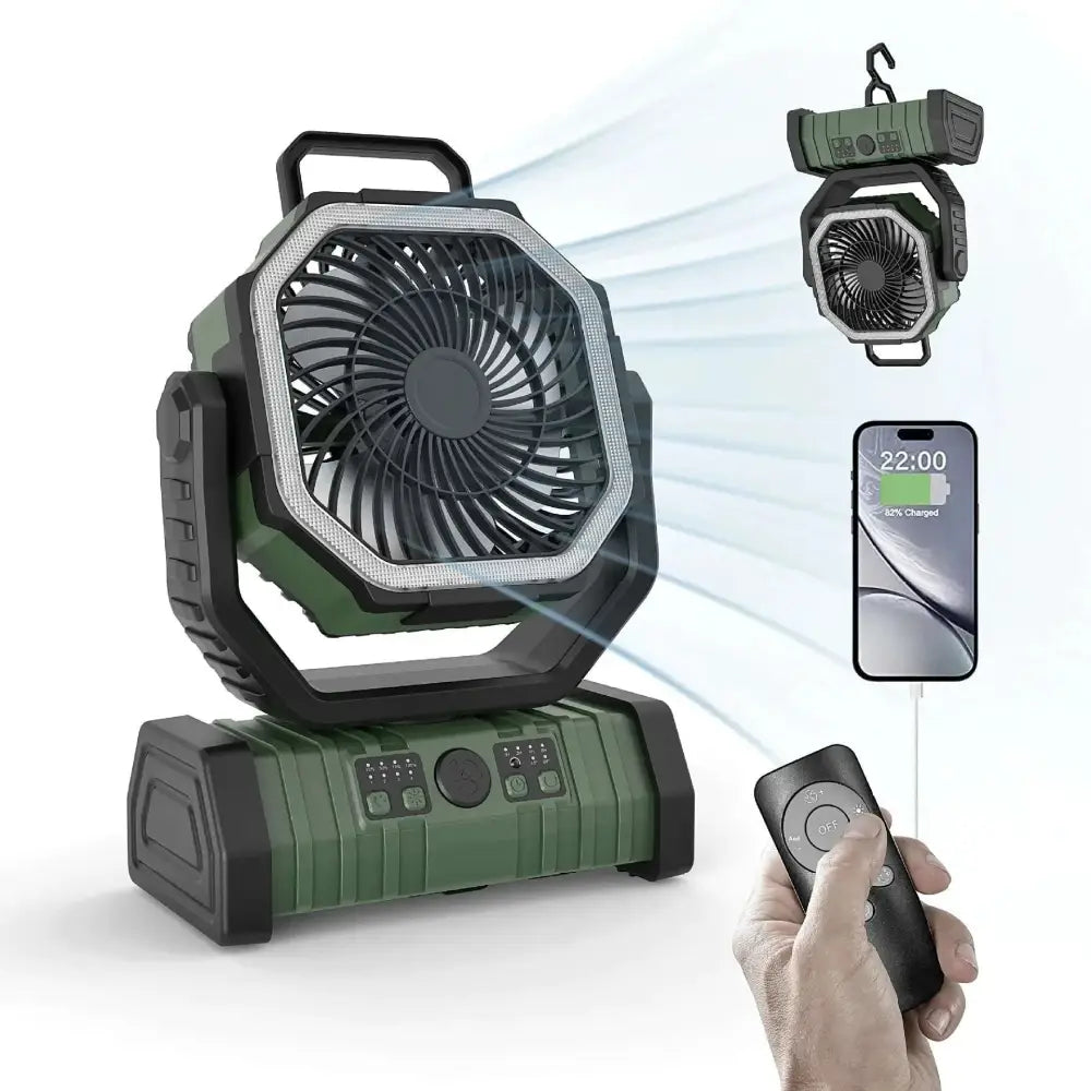 Portable camping fan in olive green and black with 000mah battery led light usb port and detachable hanging lamp
