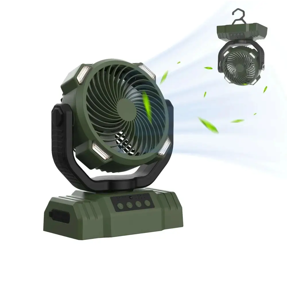 Portable camping fan in army green with integrated led lights and 10000mah battery and detachable hanging model