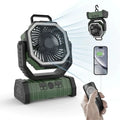 Portable camping fan in olive green and black with built-in led light usb charging port detachable hanging lamp and 10000mah battery