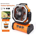 Portable camping fan in orange and black octagonal design with integrated flashlight and 10000mah battery power bank