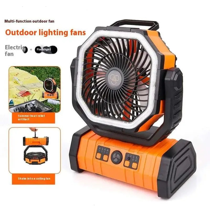 Portable camping fan in orange and black octagonal design with integrated flashlight and 10000mah battery power bank
