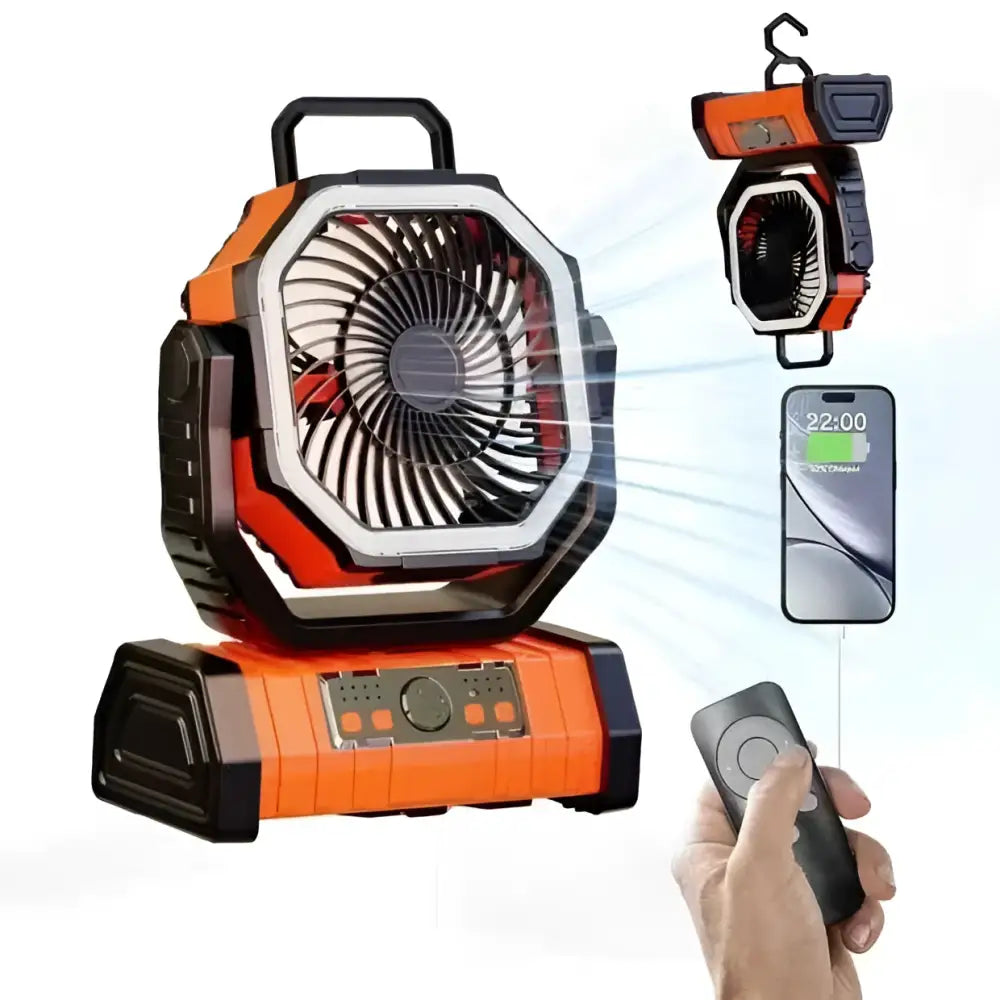 Portable camping fan in orange and black with built-in 000mah battery usb port and detachable hanging lamp