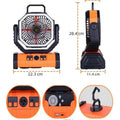 Portable camping fan with led light and built-in 10000mah battery in orange and black octagonal design