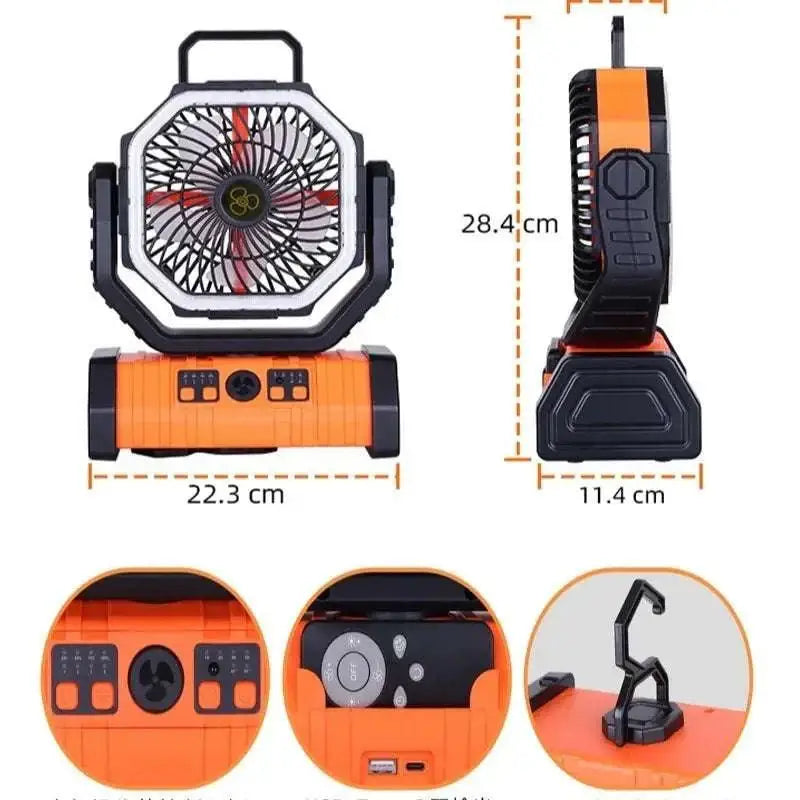 Portable camping fan with led light and built-in 10000mah battery in orange and black octagonal design