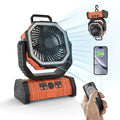 Portable camping fan in orange and black with 000mah battery led lights and detachable hanging hook for outdoor use