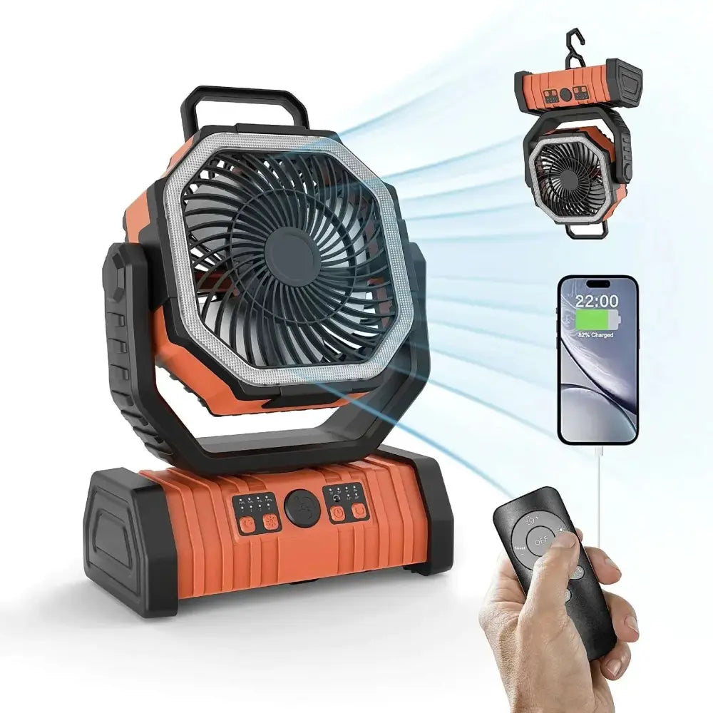 Portable camping fan in orange and black with 000mah battery led lights and detachable hanging hook for outdoor use