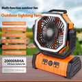 Portable camping fan in orange and black with integrated led light and 10000mah battery for outdoor use