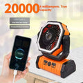 Orange and black portable camping fan with usb-c charging, 000mah battery, and led light for outdoor use