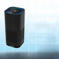 Black cylindrical portable car air purifier with blue led lights and usb port featuring negative ion generator technology