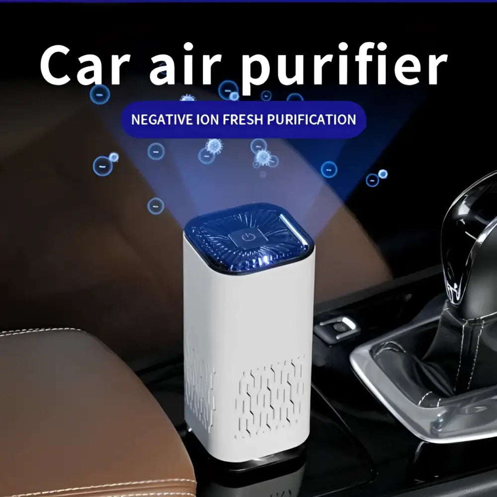White cylindrical car air purifier with blue top and perforated sides featuring negative ion generator for fresh air