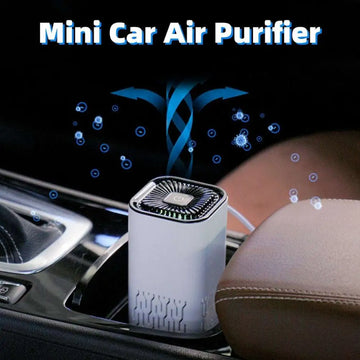 White rectangular car air purifier with black mesh top and silver circuit patterns portable negative ion generator