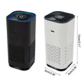 Black and white portable car air purifier with blue led lighting and perforated panels featuring white cylindrical design and negative ion generator