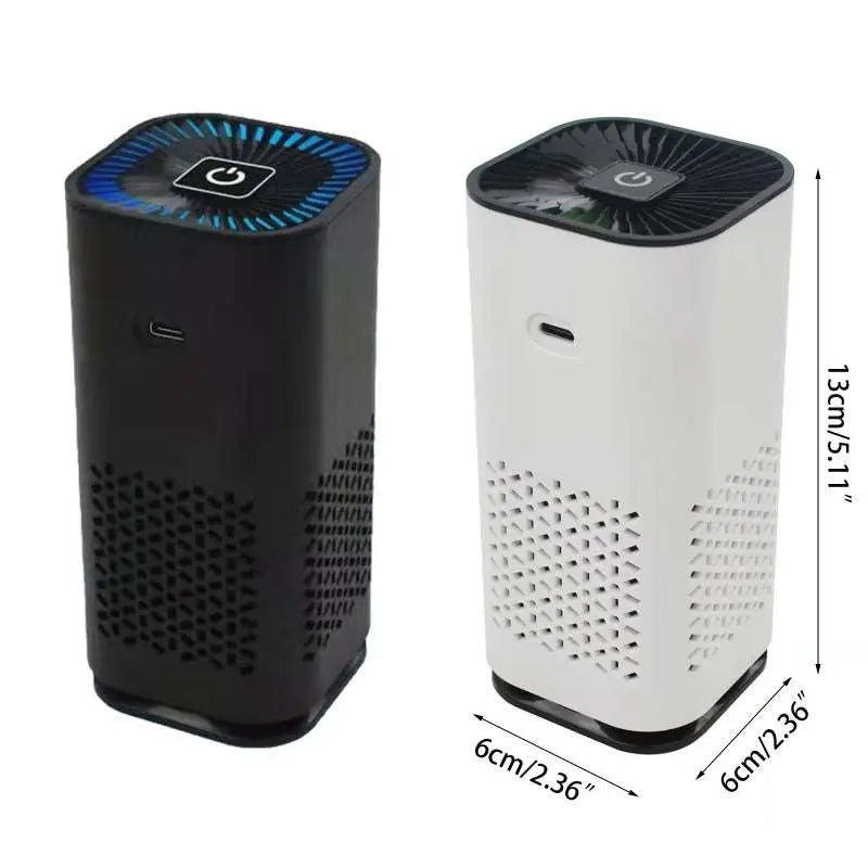 Black and white portable car air purifier with blue led lighting and perforated panels featuring white cylindrical design and negative ion generator