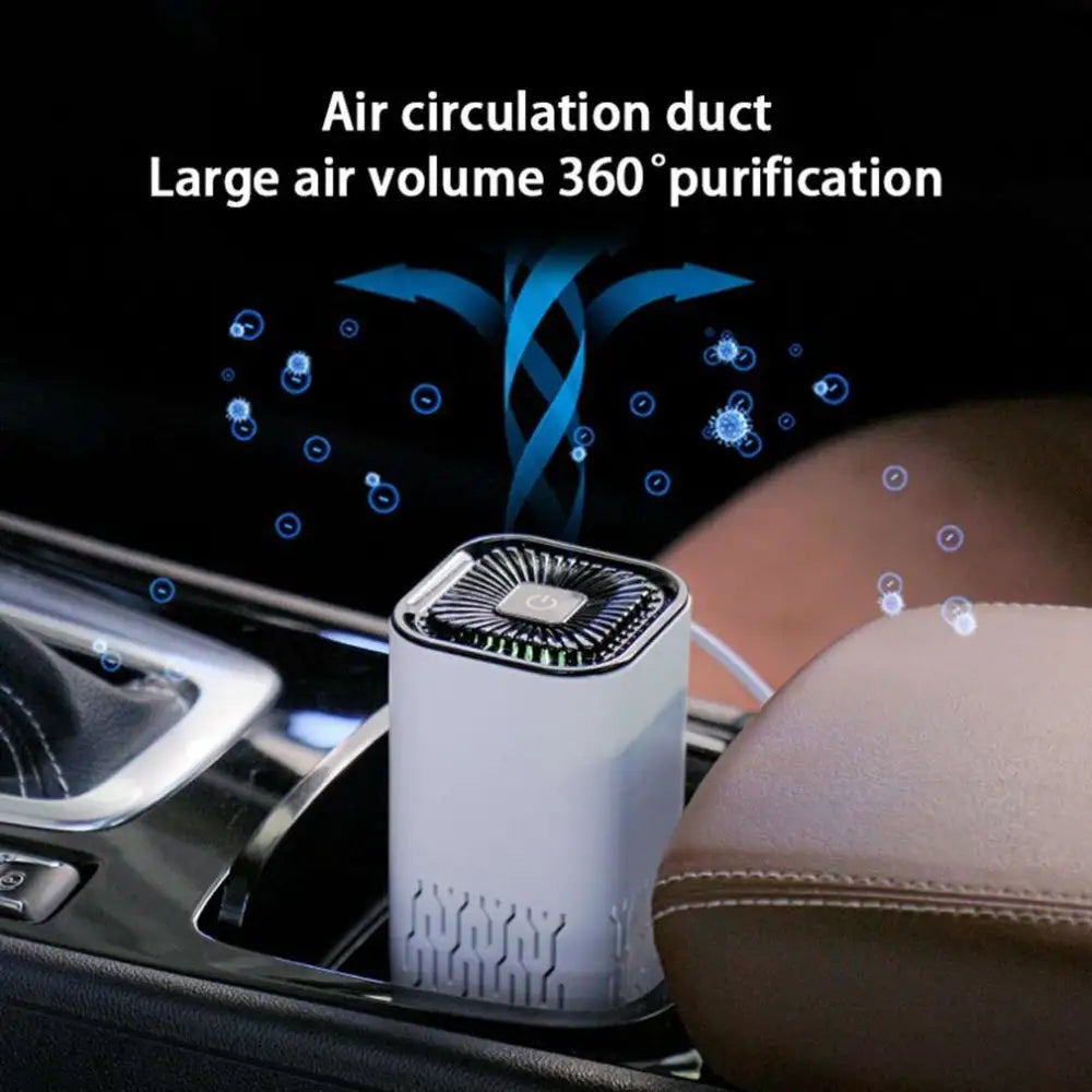 White rectangular car air purifier with black mesh top and textured base 360° negative ion generator for portable use