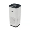 White cylindrical portable car air purifier with black top and base featuring power button and negative ion generator