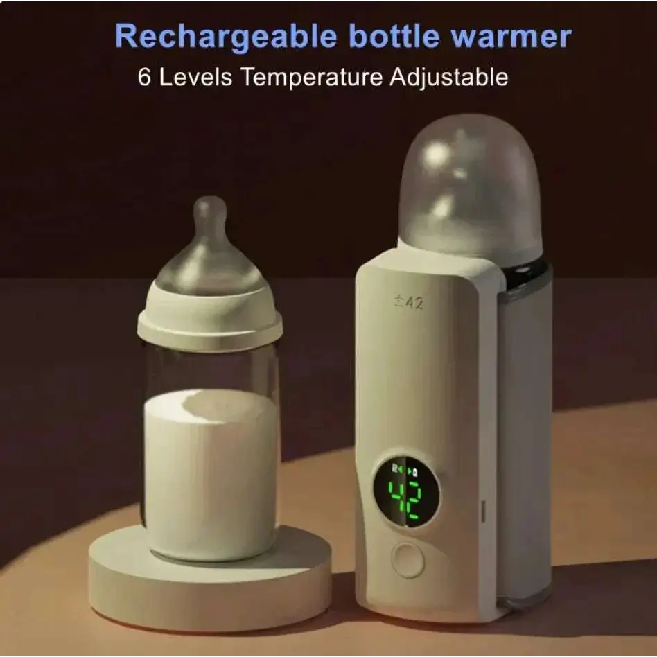 Cream-colored portable constant temperature baby bottle warmer with usb charging and digital display showing 42 degrees