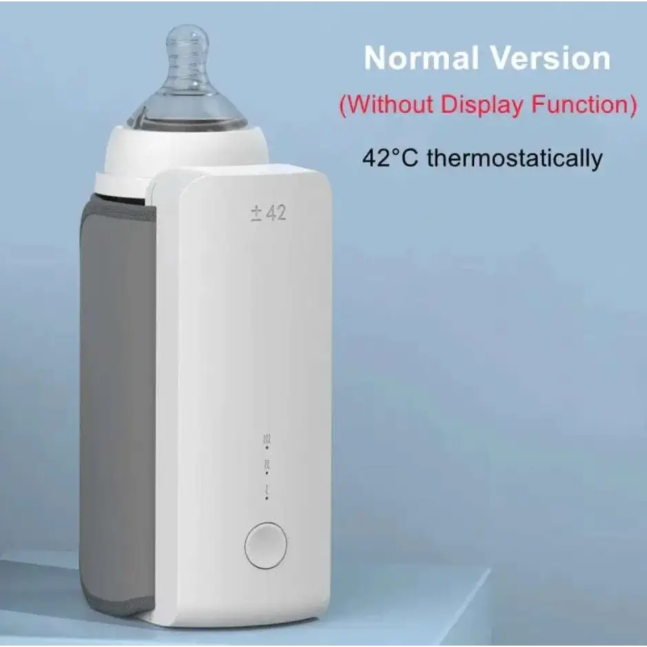 White and gray portable constant temperature baby bottle warmer with usb charging circular control button and temperature indicators