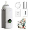 White and gray portable constant temperature baby bottle warmer with digital display showing 42°c and usb charging