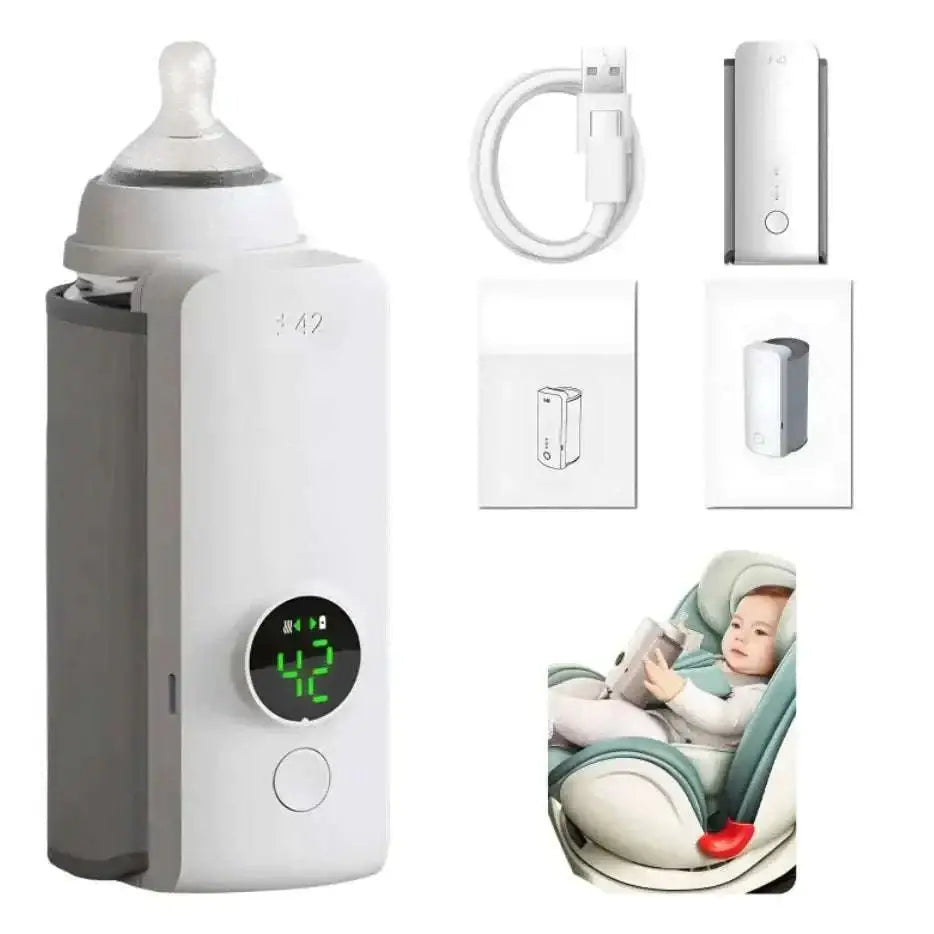 White and gray portable constant temperature baby bottle warmer with digital display showing 42°c and usb charging