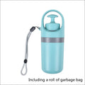 Light blue insulated portable dog poop scooper with gray pump lid, carrying strap, and integrated poop bag dispenser