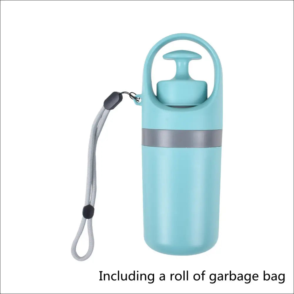 Light blue insulated portable dog poop scooper with gray pump lid, carrying strap, and integrated poop bag dispenser