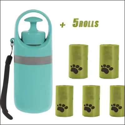 Teal portable dog poop scooper with gray reflective strip black strap and lime green poop bags with dispenser