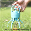 Light blue plastic portable dog poop scooper with four legs and built-in poop bag dispenser for easy cleanup