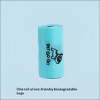 A roll of light blue biodegradable dog poop bags with pet go go branding and black dog illustration in a poop bag dispenser