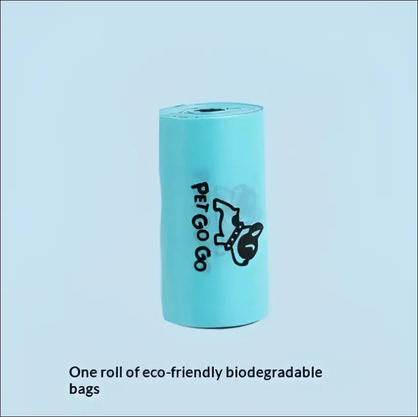 A roll of light blue biodegradable dog poop bags with pet go go branding and black dog illustration in a poop bag dispenser