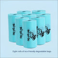Light blue eco-friendly degradable dog poop rolls with black dog illustrations for portable poop bag dispenser