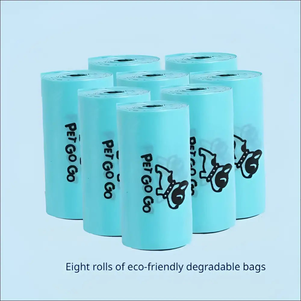 Light blue eco-friendly degradable dog poop rolls with black dog illustrations for portable poop bag dispenser
