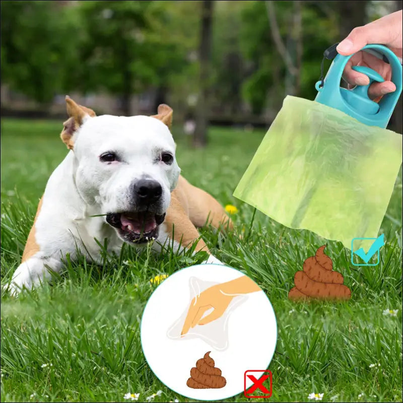 Blue handheld portable dog poop scooper with a poop bag dispenser for convenient dog waste cleanup