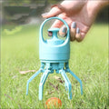 Light blue plastic portable dog poop scooper with handle and poop bag dispenser for easy dog poop cleanup