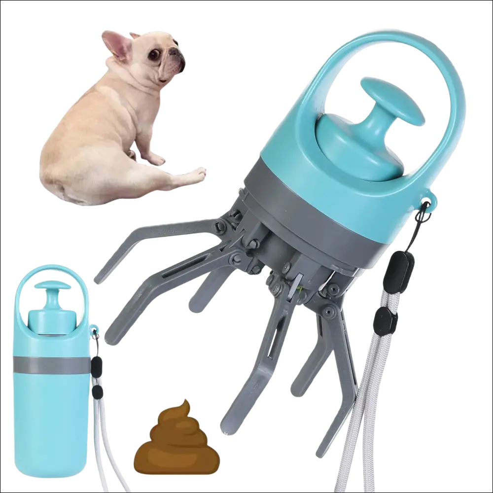 Light blue and gray plastic portable dog poop scooper with extendable claws and built-in poop bag dispenser