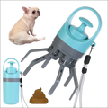 Light blue and gray plastic portable dog poop scooper with extendable claws and built-in poop bag dispenser